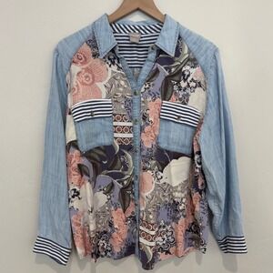Chicos Mixed Media Floral Denim Button Down Shirt 90s Butter Mom Boho XL Size 3